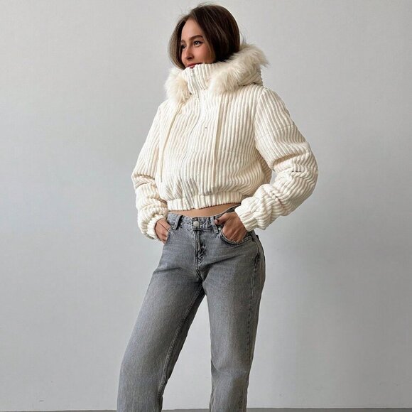 Apricot Casual Women's Corduroy Patchwork faux fur trim Hooded Short Padded Coat - Picture 3 of 6